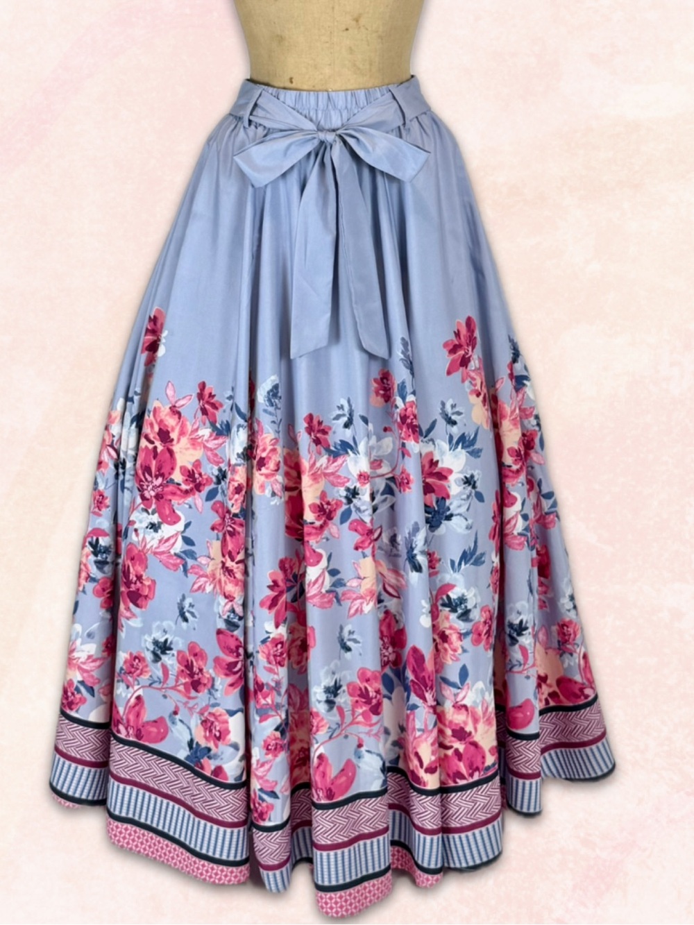 Flower meadow full sweeping long maxi skirt bow tie front elastic waist floral